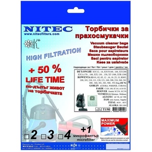 NITEK Торбички за прахосмукачки - код Т150 ALASKA, ALFATEC, DELONGHI, DOMOTEC, EMER Electrodomestici, FAKIR, FAM, FAMULUS, GOBLIN, HOOVER, HOLLANDIA, KONIG, LLOYDS, NOVA, OMEGA, ROWENTA, TEFAL, VETRELLA (Т1