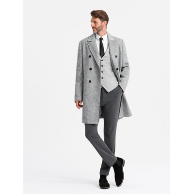 Ombre Clothing pánský dvouřadý kabát ve tvaru rybí kosti šedý