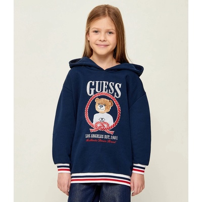 GUESS Тъмно син суичър с качулка и червени детайли и цветно мече Guess