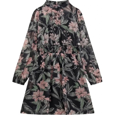 Guess Нежна шифонена рокля в черно за момиче с розови цветя и цип на гърба Guess