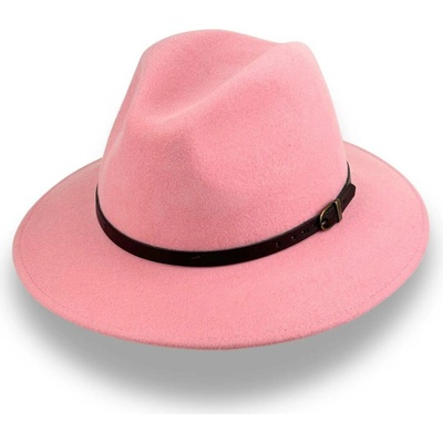 Krumlovanka vlněný klobouk fedora střední krempa s koženou stuhou P-02 růžový