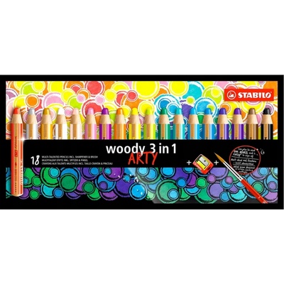 Stabilo Pastelky STABILO woody 3 v 1 ARTY- barvička vodovka voskovka- 18 ks + ořezávátko+štětec 451918 – Zboží Mobilmania