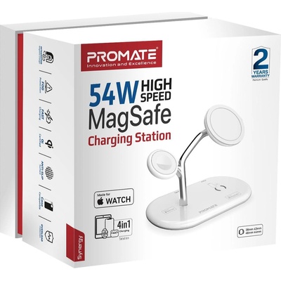 Promate Безжично зарядно ProMate Synergy, MFI Certified 65W High Speed MagSafe Charging Station 15W Qi Charging 5W Apple Watch Charger 10W Qi Charger 24W USB-C Power Delivery Qi Certified, (6959144061931)