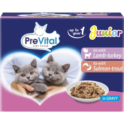 PreVital Mačka jahňa morka losos pstruh junior v omáčke 12 x 100 g