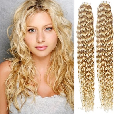 Vlasy pro metodu Pu Extension / TapeX / Tape Hair / Tape IN 60cm kučeravé - najsvetlejšia blond