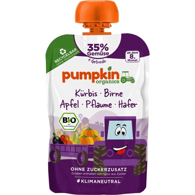Pumpkin Organics Био пюре Pumpkin Organics - Пауч с тиква, круша, слива и овесени ядки, 100 g (210714)
