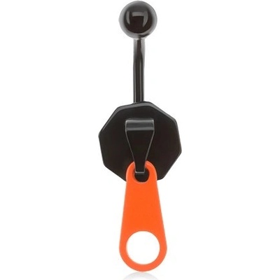 Šperky eshop černý ocelový piercing do pupíku zip s neonově oranžovým jazýčkem S58.23