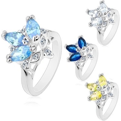 Šperky eshop prsten stříbrné zvlněné konce ramen kulatý barevný zirkon R42.3 Modrá