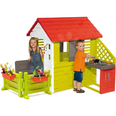 Smoby Domeček s kuchyňkou Nature 3 okna 2 žaluzie s okenicí se zvonkem a zahrádkou
