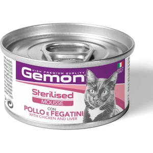 Gemon Sterilised Cat Mousse with Chicken & Liver консерва с пиле и черен дроб пълноценна храна за кастрирани котки 85gr