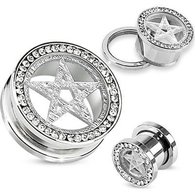 Šperky eshop tunel plug do ucha z chirurgické oceli stříbrná pentagram zirkony PC40.10