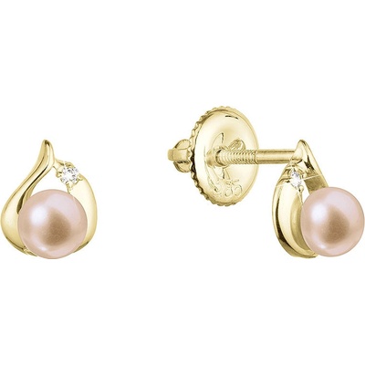 Pavona zlaté 14 karátové náušnice slza s růžovou říční perlou a brilianty 91PB00052 pink