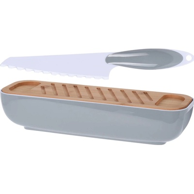 EH Excellent Houseware Chlebník z dřevěným víkem, nůž v sadě, barva světle šedá šedá