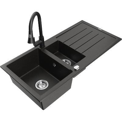 Mexen Andres гранитна мивка 1, 5-камерна със сушилня и кухненски смесител Elia, черен/златен металик - 6515-75-670101-70 (6515-75-670101-70)