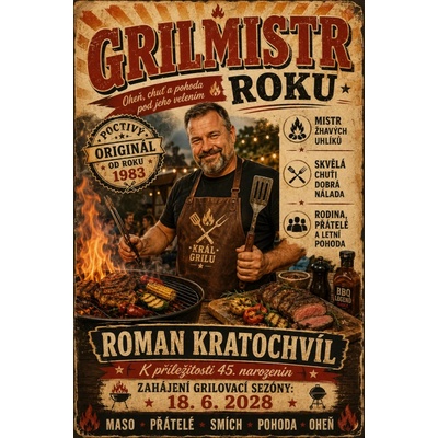 Bezvadary.cz | Grilovací retro plakát grilmistr roku s vlastní fotografií - A5 (21x15cm) rp24