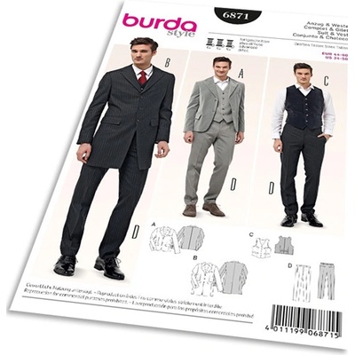 Strih Burda 6871 - Pánsky oblek - sako, vesta, nohavice s pukmi