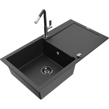 Mexen Leo гранитна мивка с 1 камера и отцедник с кухненски смесител Flora, черен/сребърен металик - 6501-73-670401-07-B (6501-73-670401-07-B)