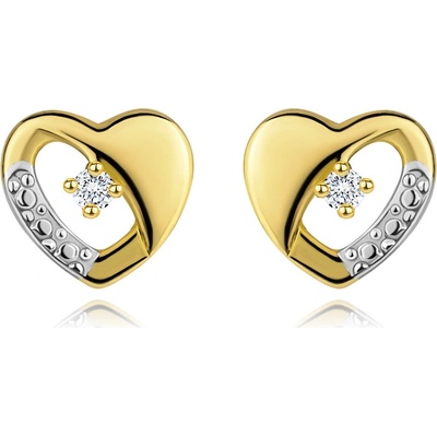 Šperky eshop náušnice ze zlata souměrné dvoubarevné srdíčko s diamantem a výřezem BT177.27