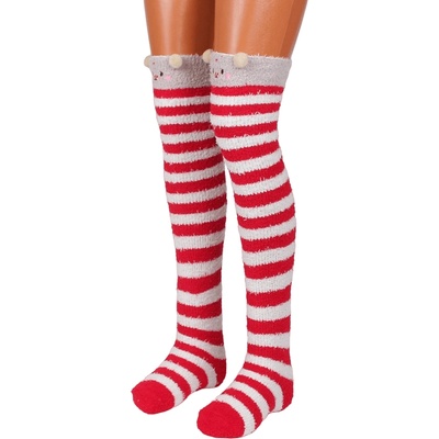Дамски пухкави 7/8 чорапи на райе в бяло и червено