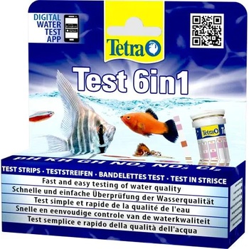 Image 1 of TETRA Test 6in1 - тест лентите за бърза и лесна проверка на качеството на водата - измерват pH, карбонатна твърдост (KH), обща твърдост (GH), нитрити (NO2-), нитрати (NO3-) и хлор (Cl2) - 25 бр