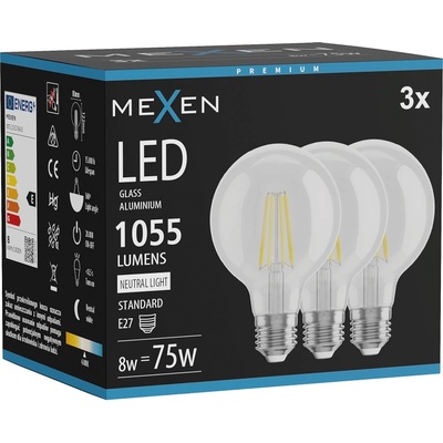 Mexen Vintis 3x LED филаментни крушки E27, G80, 8W, Неутрална - 4000K, 1055 lm, прозрачен (L155-E27-0840-00x03)