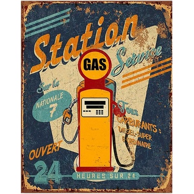 Modrá nástěnná cedule Station Gas – 25x1x33 cm