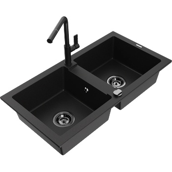 Mexen Mario гранитна кухненска мивка с две отделения и кухненски смесител Flora, черен - 6504-77-670401-70-B (6504-77-670401-70-B)