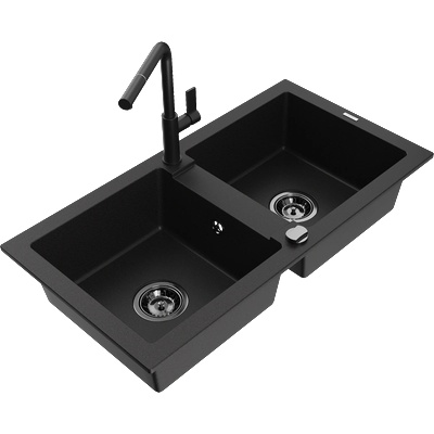 Mexen Mario гранитна кухненска мивка с две отделения и кухненски смесител Flora, черен - 6504-77-670401-70-B (6504-77-670401-70-B)