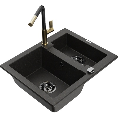 Mexen Carlos гранитна мивка с 1, 5 корито и кухненски смесител Flora, черен/златист металик - 6518-75-670401-57-B (6518-75-670401-57-B)