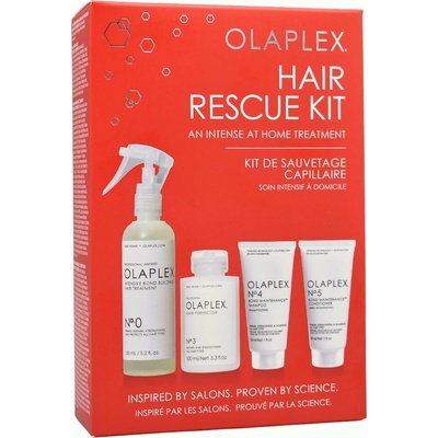 Olaplex Rescue Kit intenzivní péče No.0 155 ml + kůra pro domácí péči No.3 100 ml + obnovující šampon No.4 30 ml + obnovující kondicionér No.5 30 ml
