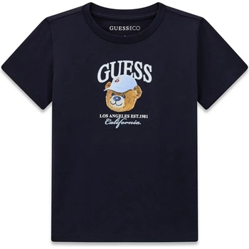 GUESS Тъмно синя тениска за мини момче с мечка и надпис Guess