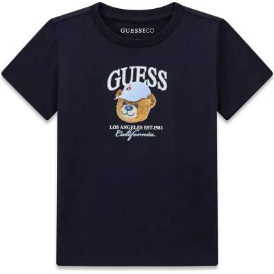 GUESS Тъмно синя тениска за мини момче с мечка и надпис Guess