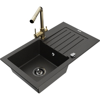 Mexen Pablo мивка гранитна 1-камерна с отцедник и кухненски смесител Duero, черен/златист металик - 6510-75-671600-50-B (6510-75-671600-50-B)