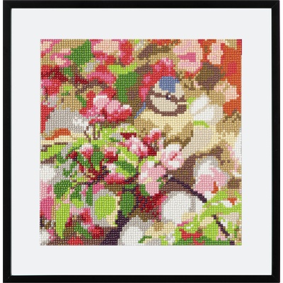 Диамантен Гоблен "Птиче на дърво" - 30 x 30 см, Кръгли мъниста