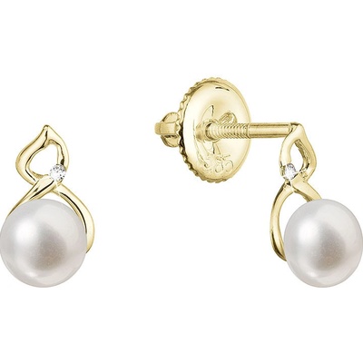 Evolution Group zlaté 14 karátové náušnice s říční perlou a brilianty 91PB00042