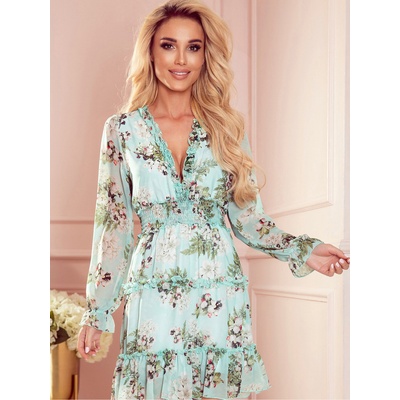 Numoco Шифонена рокля с къдрички и широк ластик - цветя на зелен фон Numoco numoco | Zelen | ЖЕНИ | S
