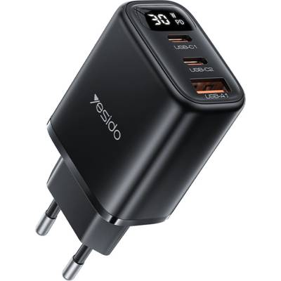 YESIDO Зарядно за стена - Yesido Wall Charger (YC69) - Дигитален дисплей, бързо зареждане, 2× Type-C, 30W - Черно
