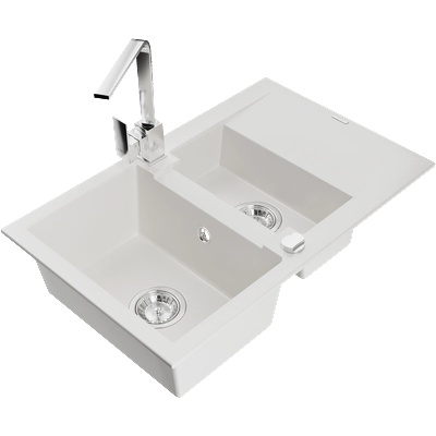 Mexen Gaspar мивка от гранит 1, 5-коморна с отцедник и кухненски смесител Rita, бял - 6507-20-670300-00 (6507-20-670300-00)