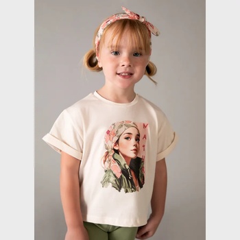 MAYORAL Бежова тениска къс ръкав с лента цветя за мини момиче Mayoral