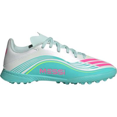 adidas Юношески футболни стоножки Adidas F50 League Juniors Astro Turf Football Boots - Wht/Pink/Blue