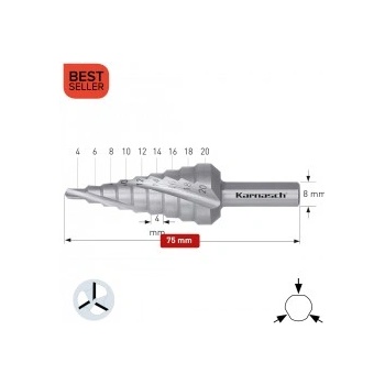 Karnasch Стъпално свредло Ø 4-20 mm (x 4 mm), HSS-XE без покритие, 3x спирален канал, BESTSELLER (213005)