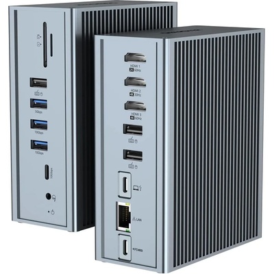 Qhou Професионална Докинг станция Qhou 16 in 1 USB C Hub, 3x HDMI, Ethernet, 100W PD, 3.5mm Audio, 2x USB A, USB C 10Gbps, SD/TF for Mac Pro/Air, Сива (B0D14WDWD2)