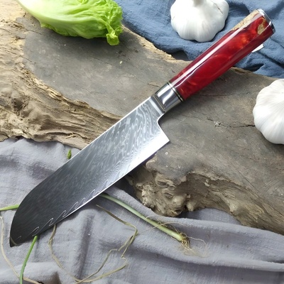 Damaškový kuchynský nôž HA 14033 Santoku/Červená 17.5 cm
