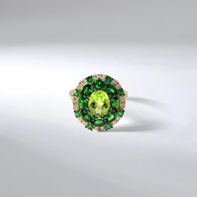 Lillian Vassago Zlatý Prsten se zelenými granáty olivínem a brilianty LLV59 DR147YG