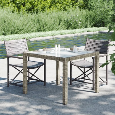 vidaXL Градинска маса, 90x90x75 см, закалено стъкло и полиратан, сива (316700)