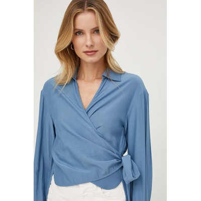 Sisley Блуза Sisley дамска в синьо със стандартна кройка с класическа яка (55EBLQ064)