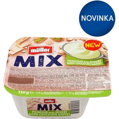 Müller Mix Jogurt s pistáciovou príchuťou a oblátky plnené mliečnym krémom s bielou čokoládou 130 g