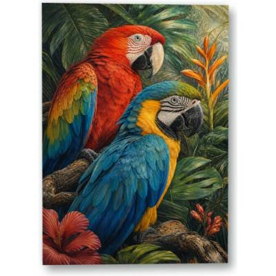 Plakát – Dva barevní papoušci v tropické zeleni 49 × 70 cm Bez rámu Ano Bez rámu – Hledejceny.cz