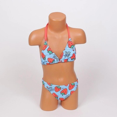 Детски бански от две части в синьо с коралови ягодки