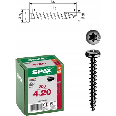 Šrouby do dřeva SPAX 4x20 mm, plný závit, talířová hlava, černé, 200 ks